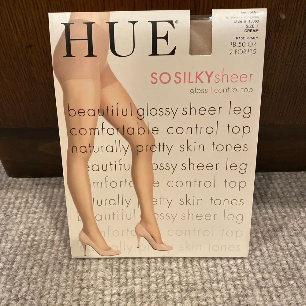 HUE - So Silky Sheer GLOSS Control Top Pantyhose,‎ # 13363, Cream, Size 1 Y2K